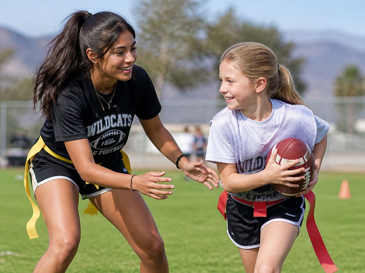 A student athlete coaching a young girl in flag football